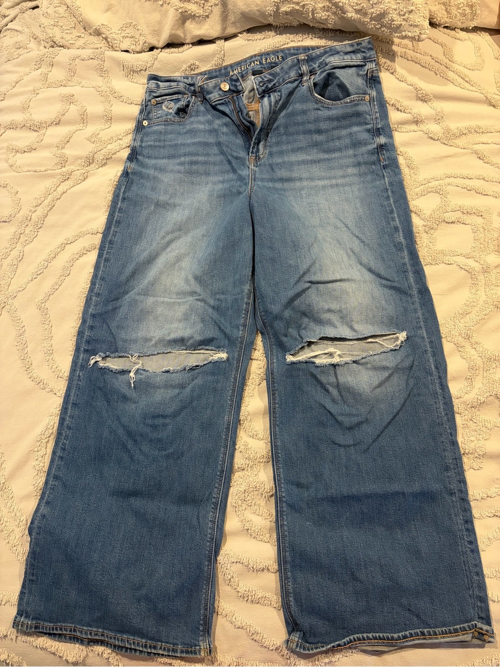 American Eagle Outfitters Distressed Light Blue Wide-Leg Jeans